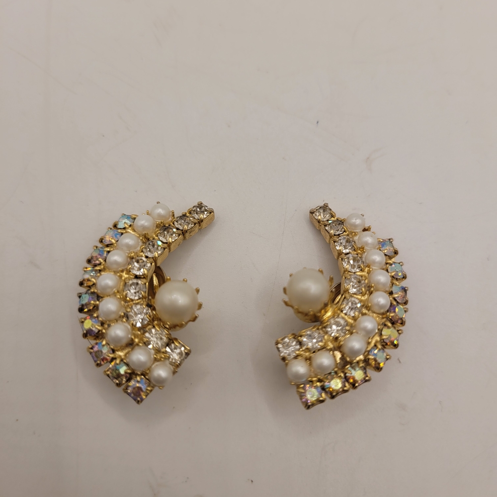 Vintage Faux Pearl and Aurora Borealis Clip-On Earrings